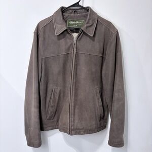 Eddie Bauer Brown Suede Leather Jacket Aviator Coat Mens M VTG Full Zip
